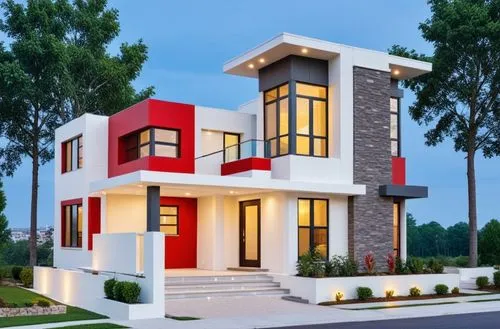 a 3d image of a modern house in the evening,modern house,two story house,modern architecture,beautiful home,vastu,townhomes