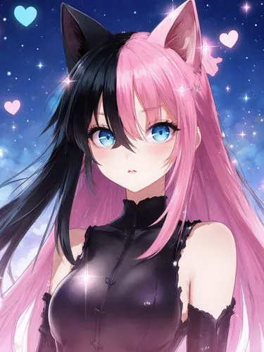 Very cute female anime half human cat woman, black and pink hair , blue eyes, beautiful background. Pouty


,a cat ears is the ultimate accessory for a gothic anime - like character,cat ears,valentine