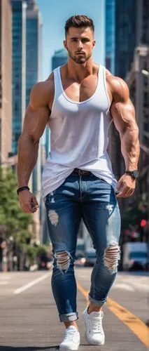 Muscular man, Justin Pappas, athletic build, strong facial features, short dark hair, piercing blue eyes, slight beard, casual wear, white tank top, ripped jeans, sneakers, standing, relaxed pose, urb