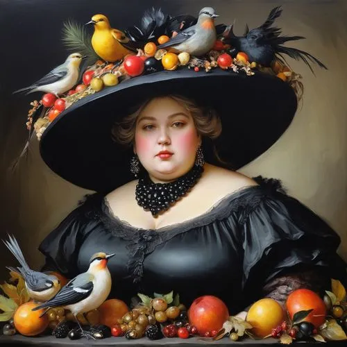 small fat woman wearing a huge black hat, covered with stuffed birds, wax fruit and other assorted decorative items, all painted black.,a painting of a lady wearing a black hat and dress,woman eating 