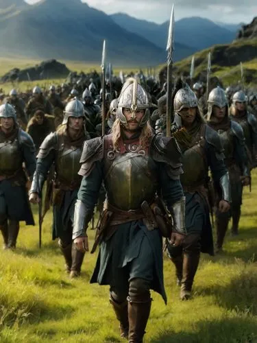Middle-earth. A group of soldiers marching through the grasslands.,a bunch of men in armor walking along a field,rohirrim,rhaetian,spearmen,varangians,nargothrond,northmen,wiglaf,aegon,bollandists,jav