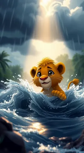 A small, fluffy baby lion, drenched and shivering, is caught in a raging river, desperately navigating through swirling currents. The sky above is dark and ominous, with thick, rolling storm clouds un