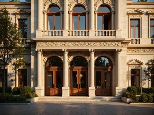 Grandiose palace facade, ornate stone carvings, rusticated quoins, arched windows, Corinthian columns, classical pilasters, symmetrical composition, warm golden lighting, shallow depth of field, 1/1 a