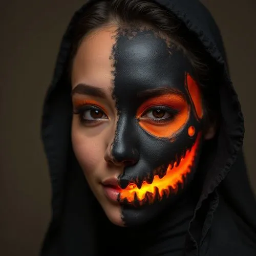 A beautiful woman with black and orange makeup on her face, Halloween makeup on half of one side of her head is an open skull with a jack-o'-lantern carved out of it. The other side has normal dark ey