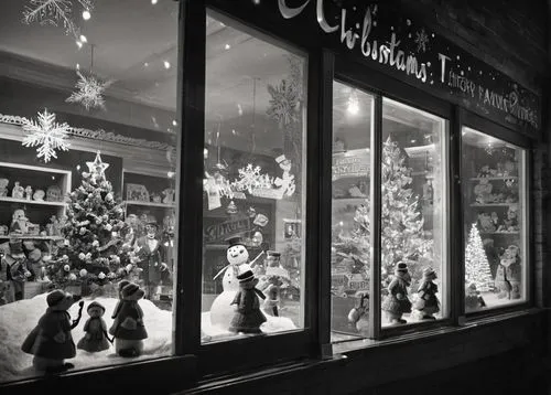 Christmas themed toy shop window, snowflakes gently falling outside, bright colorful lights illuminating the display, festive decorations, Santa Claus figurine, reindeer, snowman, Christmas tree with 