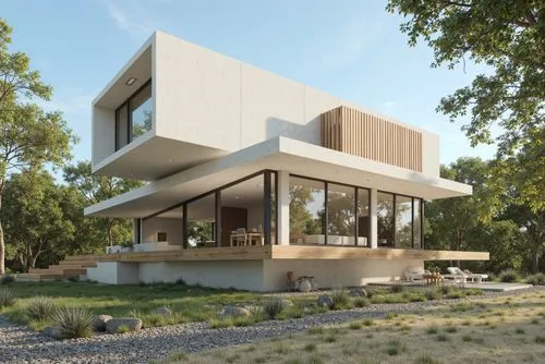 
A 3d rendering of a modern, minimalist concrete house situated on a hillside surrounded by lush greenery. the house has a rectangular shape with a flat roof and large windows that allow natural light