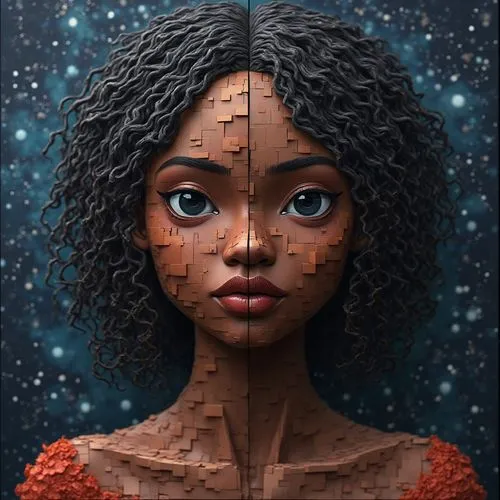 Portrait of a beautiful dark-skinned woman. The image is built three-dimensionally from geometric block parts, each piece of the body, mouth, hair eyes, are different sized blocks. This surreal portra