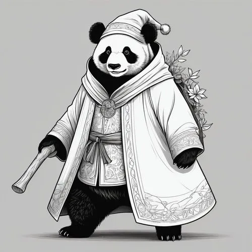 "Générer une image en noir et blanc d'un panda géant anthropomorphique habillé en sorcier ou aventurier. Le panda doit avoir une expression douce et légèrement espiègle. Son pelage doit être rendu ave