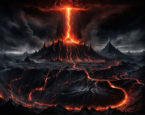 Mount Doom and Barad Dur panoramic from Lord of The Rings movie,a huge mountain is engulfed by a lava eruptor,volcanic,volcanism,lava,volcanic eruption,krafla volcano,fire background,volcanic landscap
