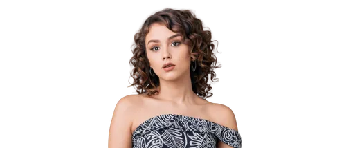 Female model, hairstyle photography, solo, (20yo), fashionable hair, curly brown hair, fringe, side parting, glamorous makeup, smoky eyes, bold eyeliner, full lips, shoulder-length hair, wavy hair end