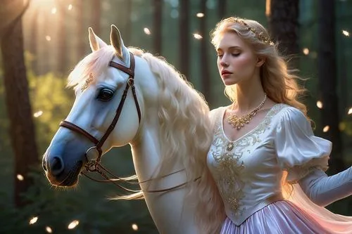 Female Centaur, Fantasy Art, Mythical Creature, Half-Human Half-Horse, Shining Golden Hair, Sparkling Blue Eyes, Soft Pink Lip Gloss, Delicate Eyelashes, Pearl Necklace, White Satin Blouse, Ruffled Sl