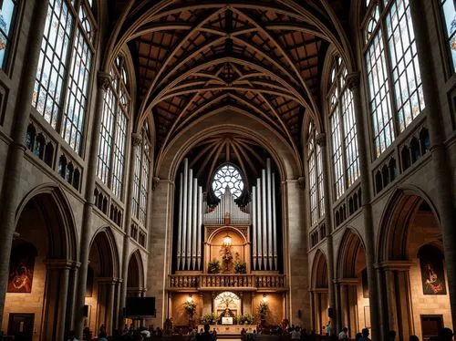 Grand Gothic cathedral, intricate stone carvings, ribbed vaults, flying buttresses, stained glass windows, ornate pinnacles, pointed arches, dramatic height, richly colored tapestries, majestic organ 