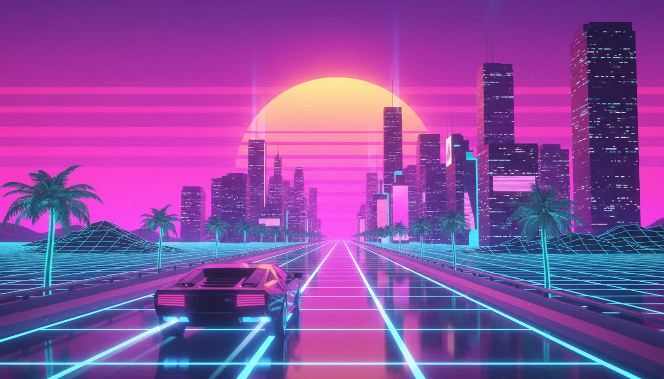 Una classica scena Synthwave che mostra un'auto sportiva futuristica mentre guida verso una città illuminata al neon sotto un vibrante tramonto viola e rosa.
