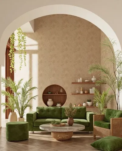 A nature-inspired living room with green velvet sofas, woven furniture, earthy tones, and an arched accent wall adorned with greenery and floating wooden shelves.,green furniture in a neutral living r
