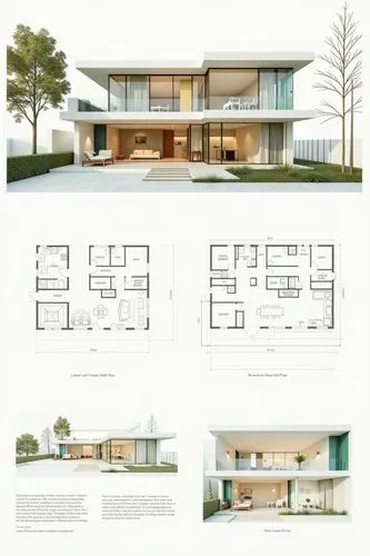 A professional architectural presentation board with a Pure background and a clean, minimalist design layout. The board includes:

Top Section: On the top left, a photorealistic render of a contempora