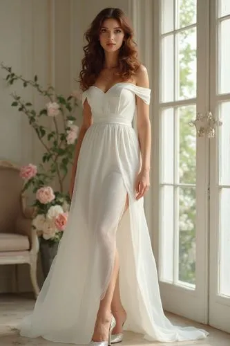 a realism tall model woman ,nice face, wearing light makeup,wearing a white midi dress, slit skirt, organza maxi skirt ,off shoulder neck,off white dress,silver jewelry, silver high heels ,long curly 