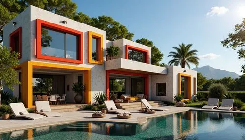 Eclectic postmodern villa, fragmented forms, irregular shapes, bold color blocking, playful juxtapositions, mixed materials, rough stone walls, smooth glass surfaces, wooden accents, metal frames, orn