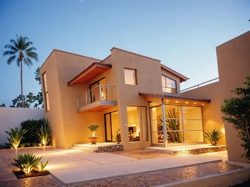 PHOTOGRAPH TAKEN WITH A KODAK CAMERA, WITH A 35MM LENS of a modern two-story house with a contemporary design, featuring a combination of brown stucco and red tile. the house has large windows, a balc