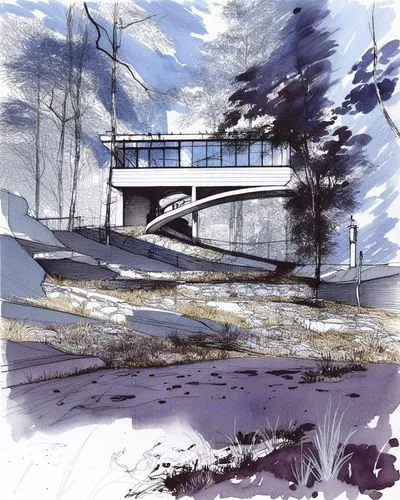 Casa Puente Amancio Williams,cantilevers,winter landscape,underpasses,overpass,overpasses,snow landscape,home landscape,carport,watercolor sketch,flyways,viaducts,footbridges,snow scene,bus shelters,c