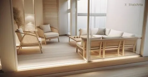 a wooden balcony that has some fancy wood furniture,room newborn,domicile,verandah,proximate,prenatally,window frames