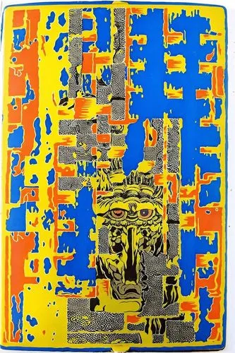 a picture with a yellow, blue, orange and pink design,kitchen towel,beach towel,seat cushion,batiks,dishcloth,guest towel
