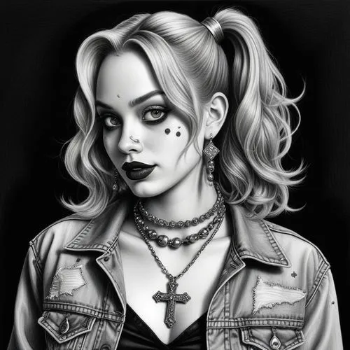 Zeichnung einer Frau mit einer Halskette und einer Halskette am Hals, inspiriert von Earle Bergey, Lee Bermejo, Porträt von Harley Quinn, Realistischer Graphit, Porträt von ultrarealistisch, fotoreali