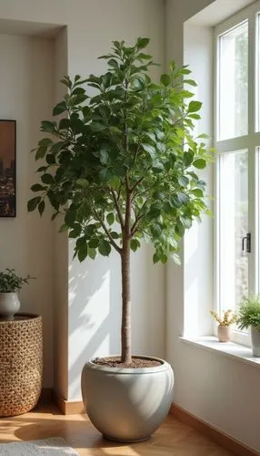 decorative tree in pot, living room,home staging,small tree displayed in large round pot by a window,ficus,bonsai tree,potted tree,growing mandarin tree,houseplant,bonsai,indoor plant,intensely green 