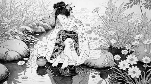 Pen drawing, fresh and creative pen drawing, pen drawing, a painting, Chinese traditional art theater costume, 1 girl, solo, upper body, minimalist lines, close-up, thick line outline, minimalist, fla