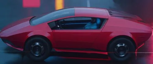 male driver inside a futuristic Red Tron movie design car reflective surface smooth clean modern hovering vehicle in a modern futuristic city at night with some people walking on a sunny day ,red spor