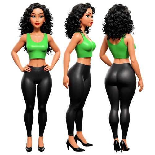 Create only high resolution images, pixar 3d, 4k, character sheet style, like a paper doll, A pose style. She must be wearing shiny black lycra leggings, a green cropped top t-shirt with a V-neck. On 