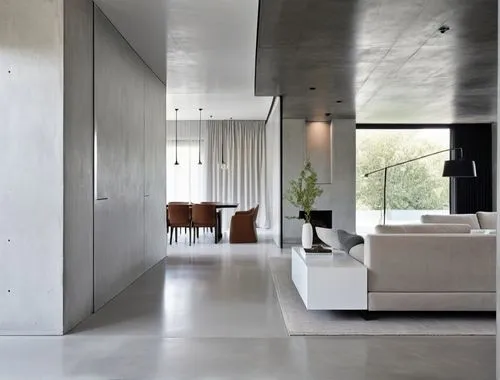 An ethereal photograph, A detailed, serene oil painting: In a contemporary, minimalist house,a white living room filled with furniture and a dining table,interior modern design,concrete ceiling,minott