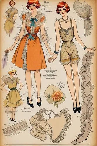 Vintage Paper dolls 1920s women in  shirt,  lace  french knickers with  shoe standing with a set of elegant 1920s dress full color colorful 1920s fashion 1920s clothing,vintage paper doll,sewing patte