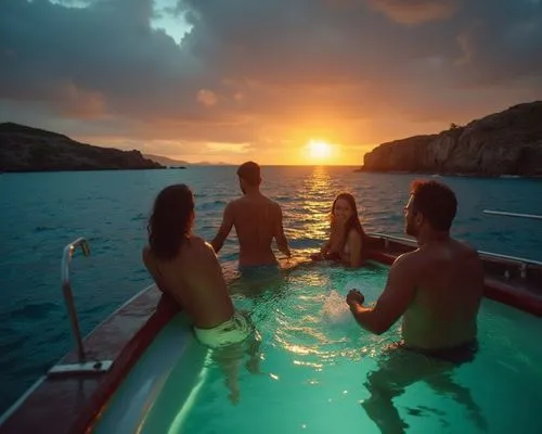the sun is setting over a group of people enjoying a  tub,aeolian islands,cruises,boat ride,boat trip,boating,on a yacht,pontoon boat,honeymoons,blue lagoon,taxi boat,infinity swimming pool,ocean para