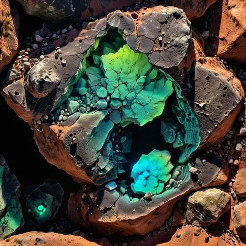 roccia spaccata , lavorata e levigata di colore nero, con all'interno minerali fluorescenti,a rock formation with green, blue and white colored rocks,colored rock,olivine,peristaltic,geode,solidified 