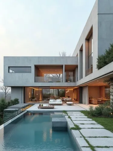 ,a large pool surrounded by concrete walls next to a long walkway,modern house,modern architecture,beautiful home,dreamhouse,dunes house,luxury home