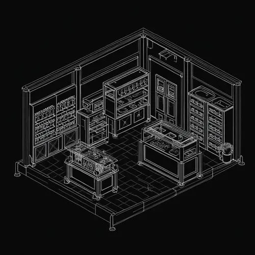 A detailed technical drawing of a retail display setup, featuring shelves, cabinets, and racks with products. The display includes a mix of wooden and metal materials, and glass. The drawing is presen