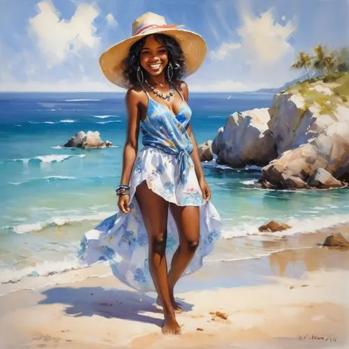 black girl on the most beautiful beach ever with people stones and clear blue water and she is smiling in beautiful beach clothes with a beach hat on her head,sun hat,high sun hat,yellow sun hat,beach