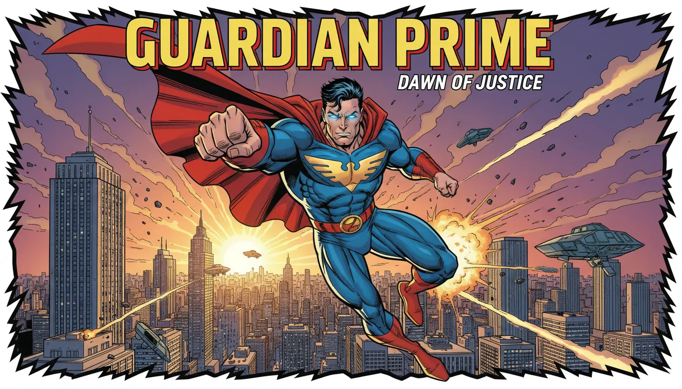 Un dinamico poster in stile fumetto americano creato con PromeAI, che mostra un supereroe in una posa drammatica contro lo skyline di una città.