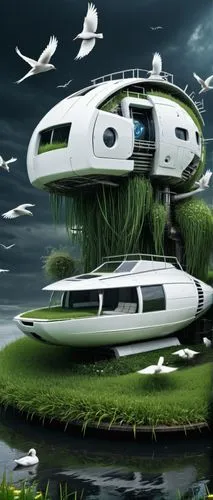 Grass house in the grass feild. A boat floating in the stream. Water mill. White birds are flying. ,hovercraft,personal water craft,floating island,airboat,teardrop camper,recreational vehicle,housebo