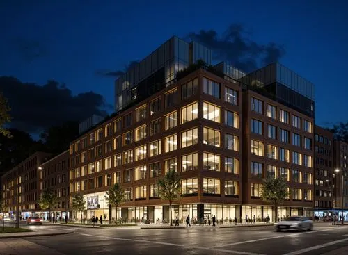 A rendering of a modern, multi-story building at night. the building, located in the middle of the image, is a large, rectangular structure with multiple floors and large windows that allow natural li