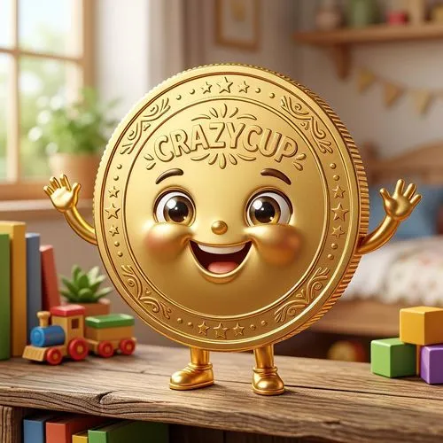 A coin character is a portrait with arms and legs and a smiling face, happy and cute erect golden shiny color name is crazycup 3d,a gold coin sitting on top of a wooden table,gold medal,golden record,