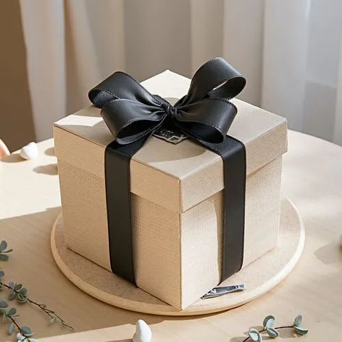 A modern gift box made from textured kraft paper with a soft, natural finish, tied with a sleek black ribbon for contrast. The box is rectangular with clean edges, featuring a small, minimalist tag in