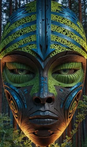 the face and shoulders of a statue are painted to resemble a head in the woods,avatar,tribal,totem,shaman,wooden mask,tribes,forest man,totems,indigenous,alien warrior,totemic,neon body painting,nativ