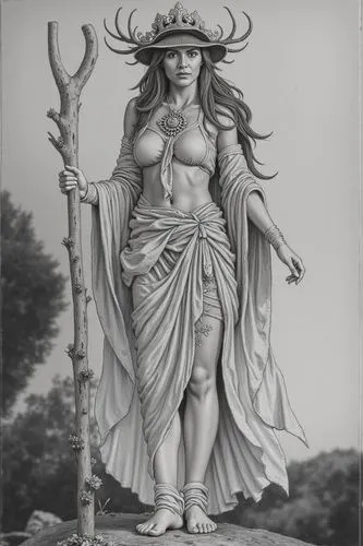 a drawing of a woman in an old time outfit with an umbrella,goddess of justice,synagogal,priestess,lady justice,caryatid,figure of justice,satyr,caduceus,statue of freedom,mythological,deities,warrior