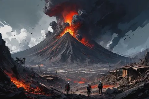  Game Scene, Wild angle view,a painting of people watching a volcano as the volcano erupts it,volcanic landscape,volcanic,the volcano,volcanism,krafla volcano,volcanos,Conceptual Art,Oil color,Oil Col