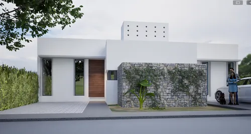 Generate a hyper-realistic image of the façade of a modern home with pure white volumes, stone and wood details. Enhance the exterior setting with a more lush and naturalistic garden: include well-def