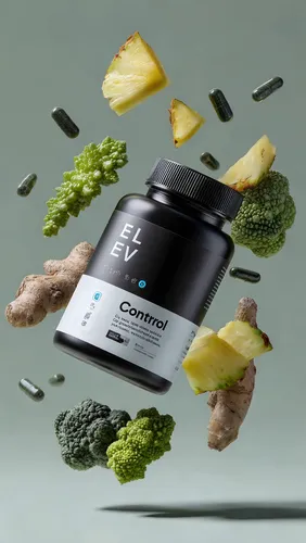 Advertising photography of a black and white supplement bottle labeled "ELV Control", floating in the air surrounded by fresh natural elements such as nopal, spirulina seaweed powder, pieces of tejoco