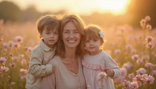 Uma mãe sorrindo ao lado de seus filhos, em um cenário com tons pastel, flores delicadas e uma luz dourada que simboliza a importância e a beleza da maternidade,the mom and daughter pose for a pograph
