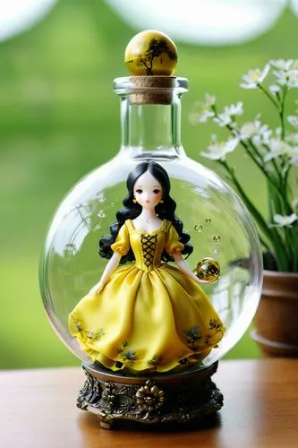 A beautiful lady toy with yellow dress in a bottle. a fantastic glass ball for decor.,a close up of a doll inside a glass,perfume bottle,perfume bottles,perfume bottle silhouette,miniaturist,handmade 