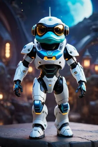 frog dog inu immaculate full body cyberpunk style robot with virtual reality glasses, going to the moon,a robot with sunglasses, goggles and eyes stands on a block,disruptor,garrison,megabyte,sigma,cl